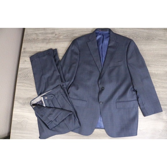 54L Hart Schaffner Marx Navy Wool 2-Piece Suit Trousers Jacket Pants 41 - Picture 1 of 16